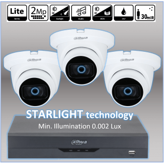 STARLIGHT Комплект видеонаблюдения - 3 купольных антивандальных камеры+видеорегистратор+кабеля+блока